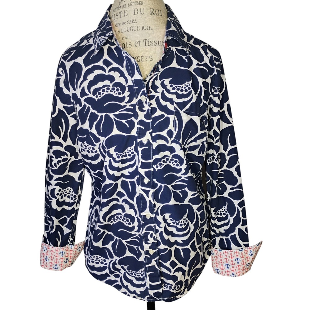 Boden Classic Button Front Shirt Womens 10R Navy Blue White Floral Flip Cuff